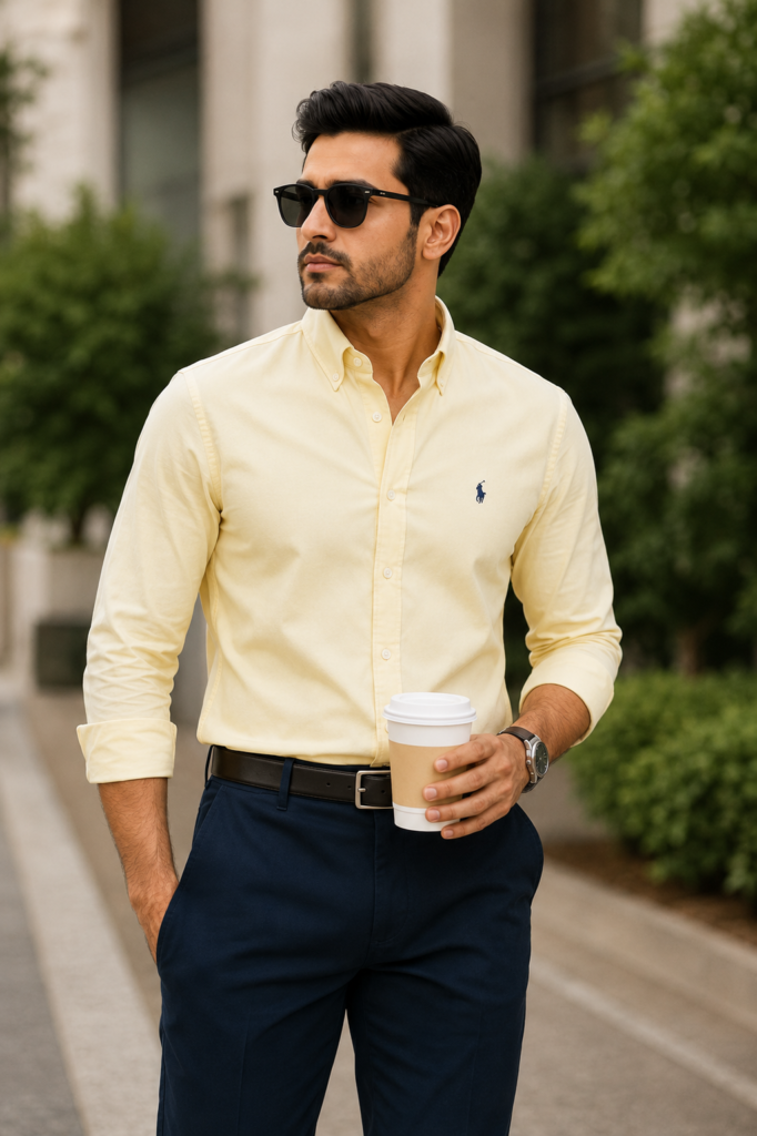 Professional man wearing a premium light yellow men's shirt by Style Fit in Bangladesh